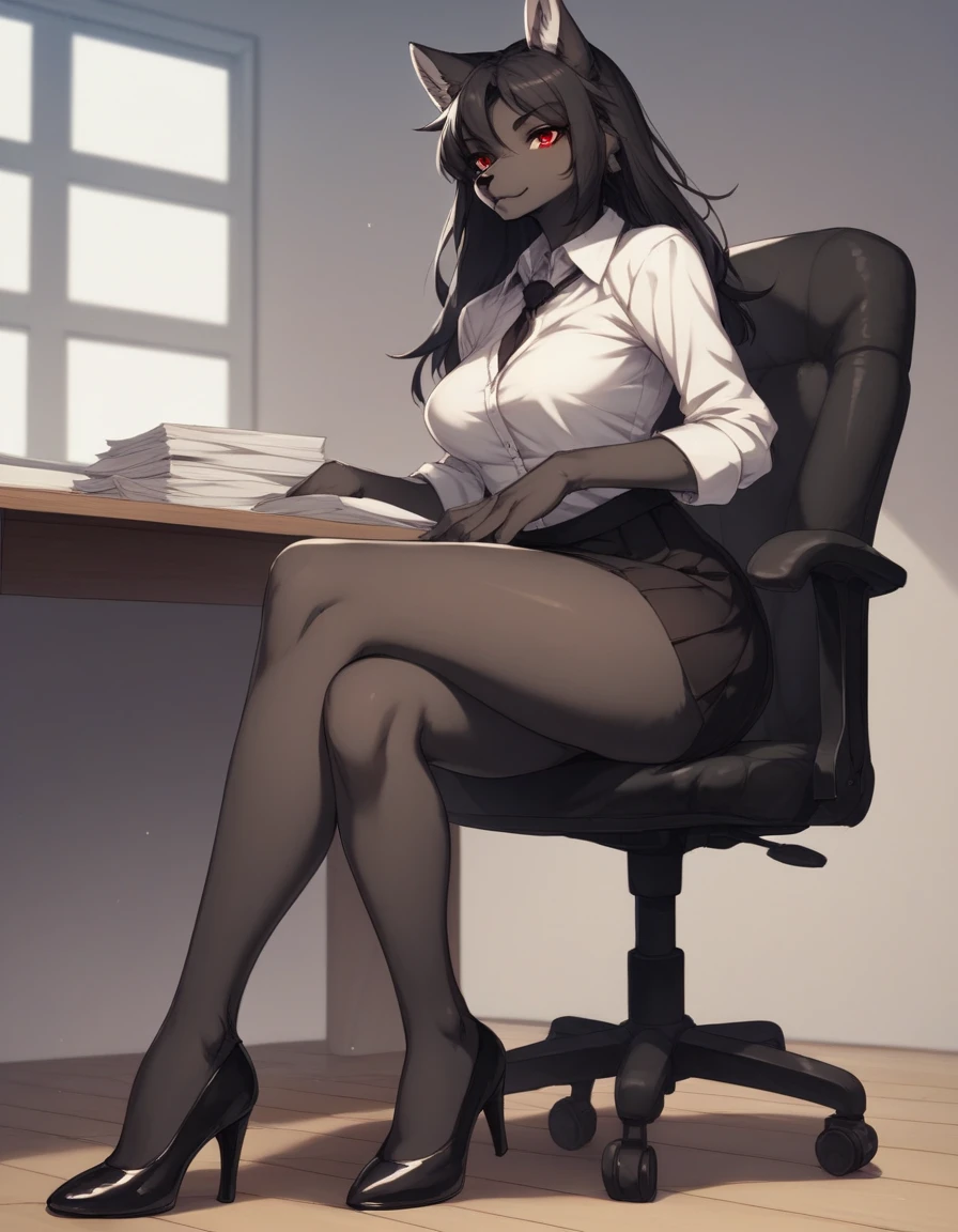 score_9,score_8_up,score_7_up, source_cartoon, kemono style, Natasha, an anthro furry wolf girl, long black hair, straight hair, red eyes, cute snout, black nose, all dark grey furry body, tall, medium breasts, wearing white shirt, black short skirt, indoors, sitting on an office chair, indoors, her legs are crossed,  sultry expression, wearing heels, leaning on a desk