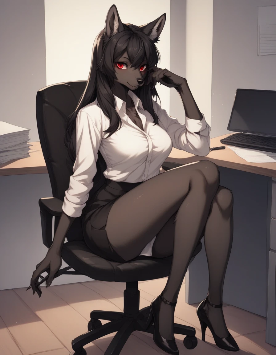 score_9,score_8_up,score_7_up, source_cartoon, kemono style, Natasha, an anthro furry wolf girl, long black hair, straight hair, red eyes, cute snout, black nose, all dark grey furry body, tall, medium breasts, wearing white shirt, black short skirt, indoors, sitting on an office chair, indoors, her legs are crossed,  sultry expression, wearing heels, leaning on a desk