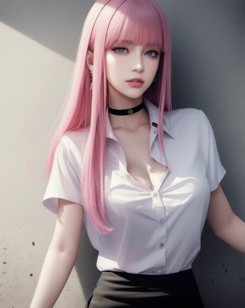 (masterpiece, best quality, 1girl, solo, intricate details, chromatic aberration), (realistic),(skin), ((breath)),(pink hair,blunt bangs),detailed hair, red head ornament, blue highlights, hair over one eye,purple eyes, earrings, sharp eyes, choker,((white shirt short sleeve)),((black pencil short skirt)),((symmetry eyes)),((perfect symmetrical body)),(pureerosface_v1:0.3), night,(((natural light))),backlighting,against grey wall, dim lighting ,look at viewer,((centered shot, from front,(face and waist))),