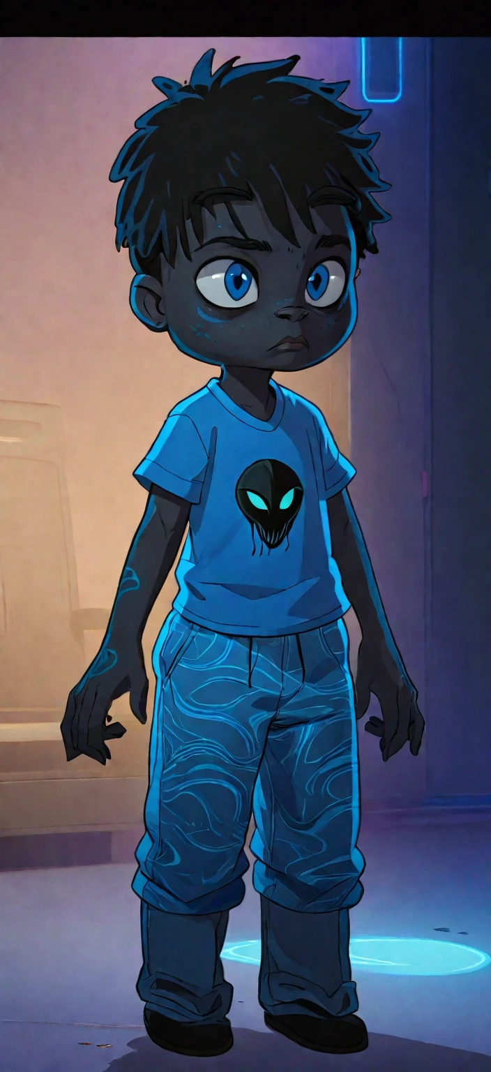 A 20-year-old black teenager with a scar above his nose, blue details, wearing a blue shirt with a black alien print