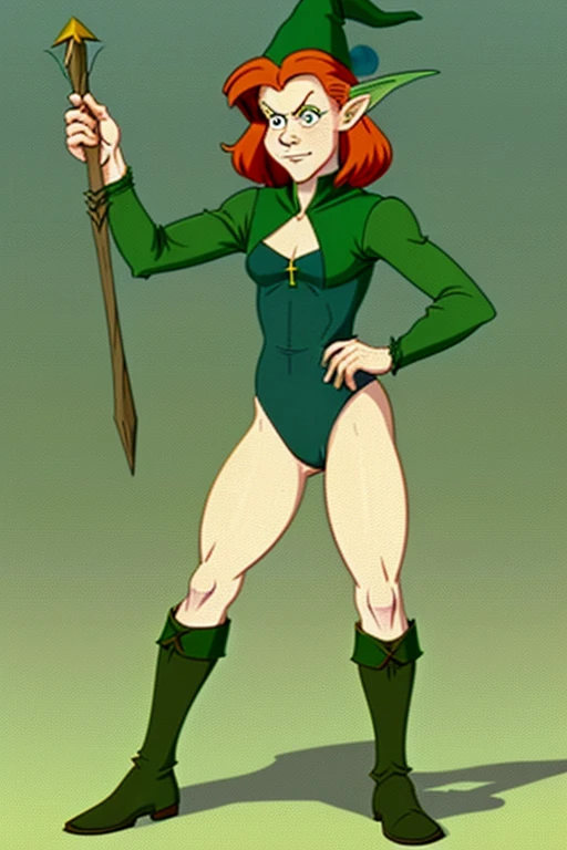 a redhead cartoon character dressed in a green outfit, leotard, very muscular, young half elf wizard, a young male wizard, half-elf time wizard, granny weatherwax, 1980s cartoon, animated episode still, norman rockwel, witch academia, portrait of a young elf wizard, tiny evil alchemist gnome, velma, (((mad))), gadget hackwrench