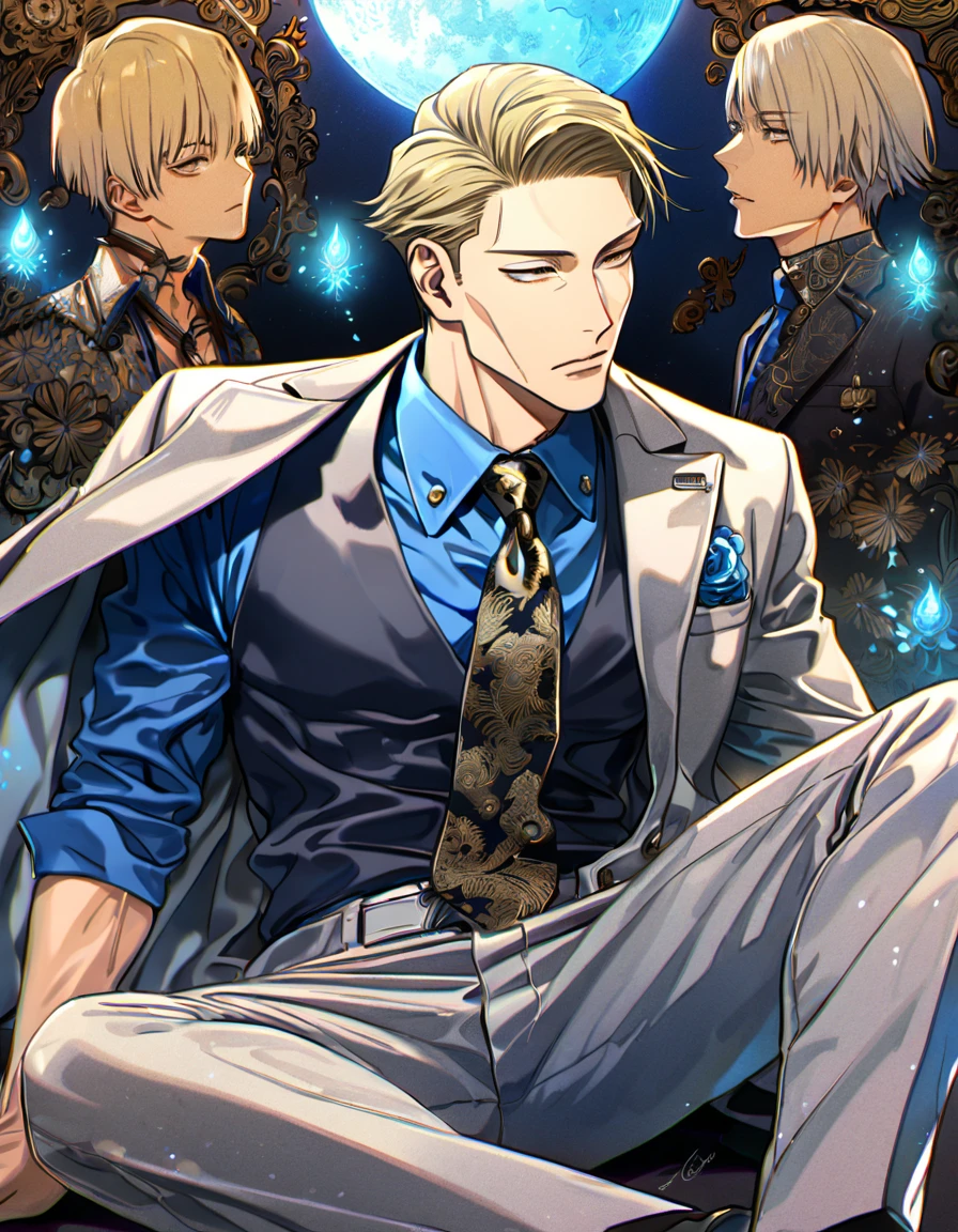Ultra detailed, highres, absurdres, HDR, master piece, Nanami Kento, blond hair, expressive brown eyes, Jujutsu Kaisen, blue petals, blue shirt, sexy man, solo, best quality, blue flowers, blue shining fireflies, fantasy, magical, handsome, blue moon, gray jacket, necktie with black patterns, grey pants, sitting