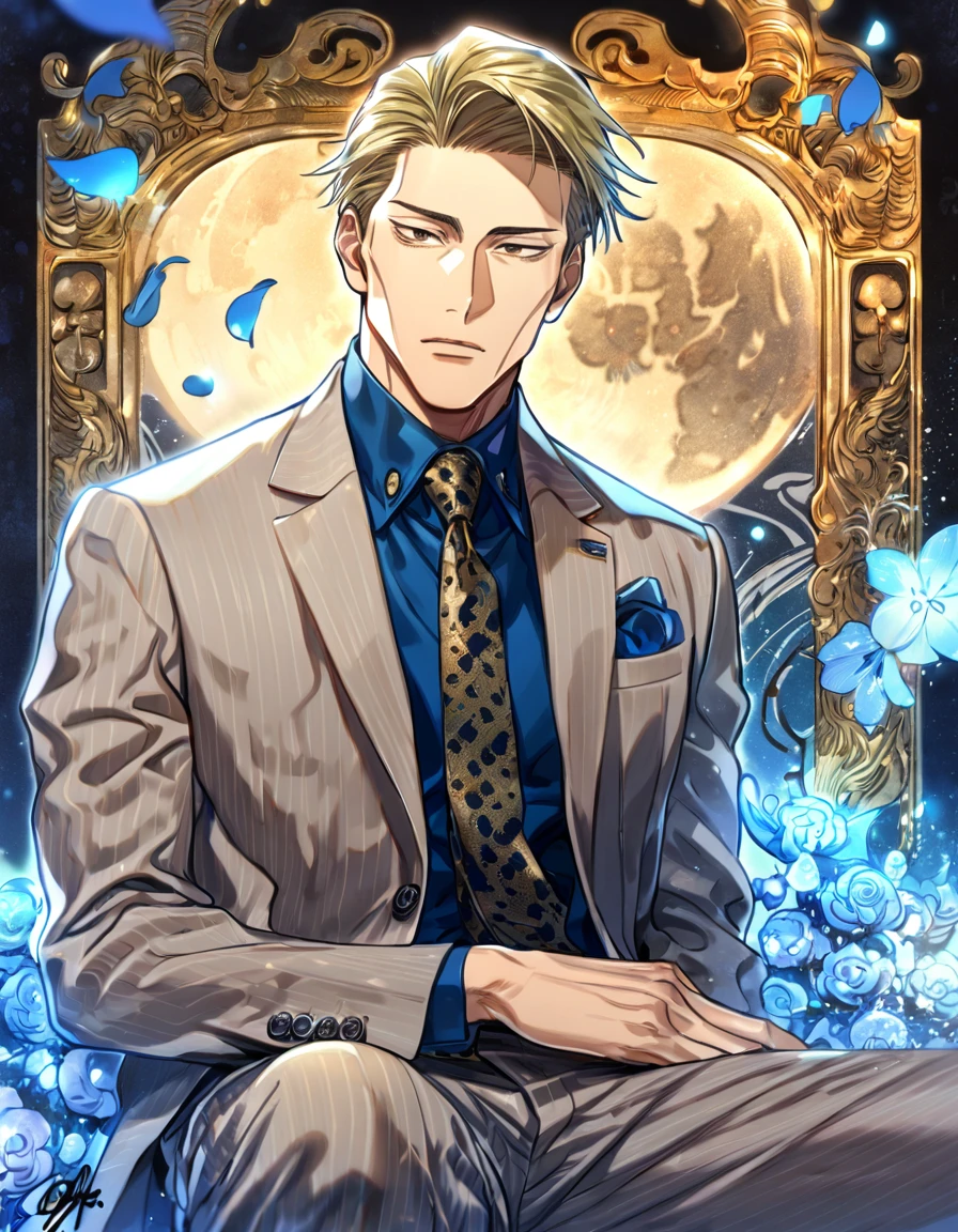 Ultra detailed, highres, absurdres, HDR, master piece, Nanami Kento, blond hair, expressive brown eyes, Jujutsu Kaisen, blue petals, blue shirt, sexy man, solo, best quality, blue flowers, blue shining fireflies, fantasy, magical, handsome, blue moon, gray jacket, necktie with black patterns, grey pants, sitting