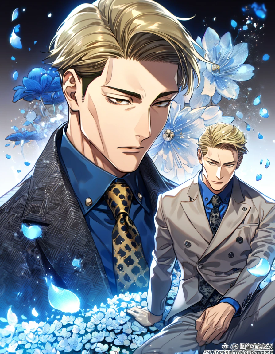 Ultra detailed, highres, absurdres, HDR, master piece, Nanami Kento, blond hair, expressive brown eyes, Jujutsu Kaisen, blue petals, blue shirt, sexy man, solo, best quality, blue flowers, blue shining fireflies, fantasy, magical, handsome, blue moon, gray jacket, necktie with black patterns, grey pants, sitting