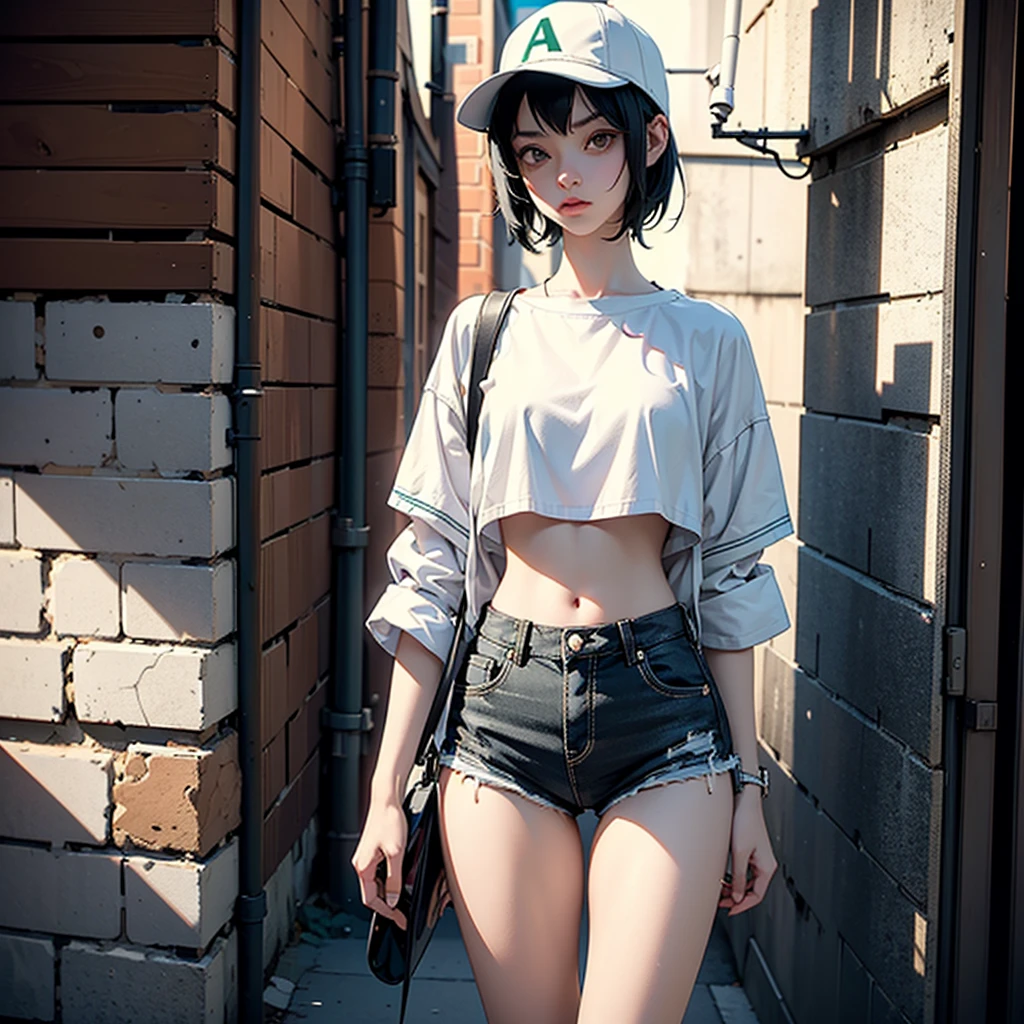 girl similar to gorillaz noodle, black short hair ((drawing)), ((anime girl nose)) ,A very thin girl, with extremely pale skin, wearing a white Bucket Hat. She is dressed in a collarless white crop top, exposing the strap of her black bikini, black tight shorts, and brown boots. She stands next to a vintage green Vespa motorcycle, holding an empty bottle. The setting is an urban alley, decorated with vibrant street art and graffiti on the brick walls. The alley is dimly lit, casting dramatic shadows and enhancing the dystopian atmosphere.