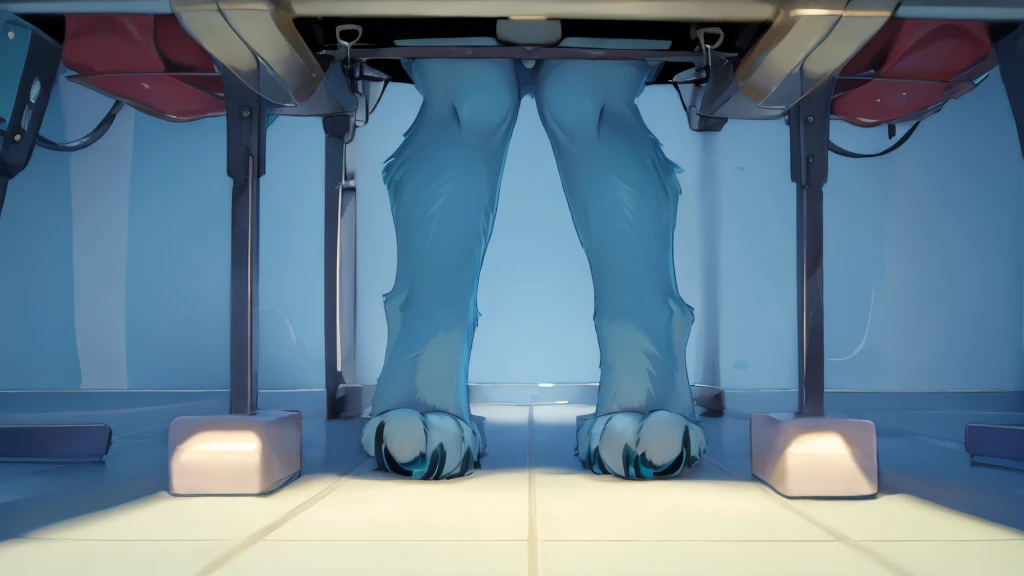 Miku Hatsune, add high definition_detail:1, blue fur, barefoot only seen in her paws, legs open, white discharge drips on the floor, just focus on your 4 feet