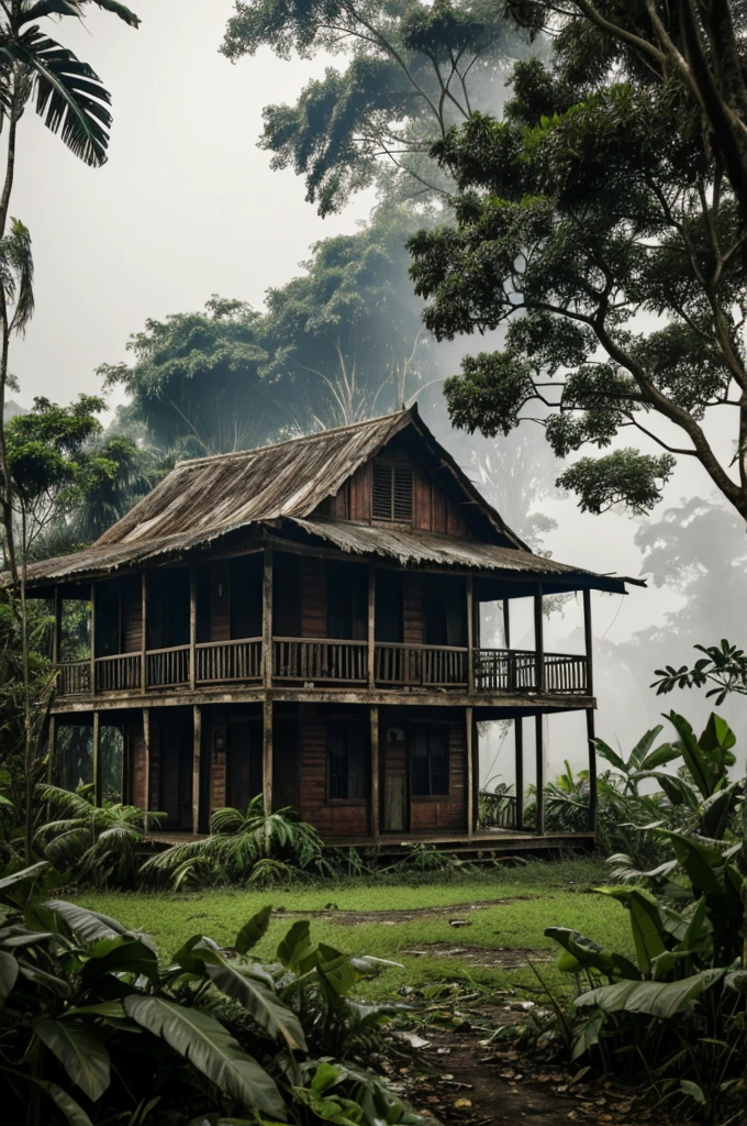 An old house in the middle of the humid jungle, with a lot of loneliness, Sadness