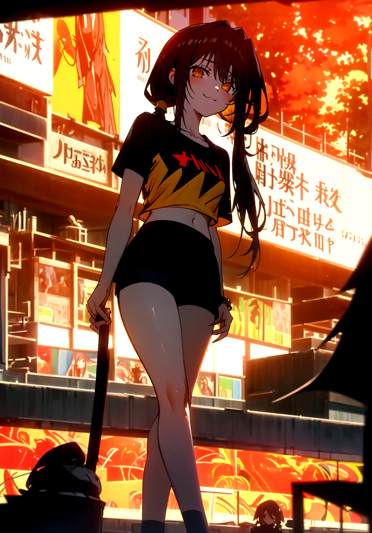 ultra-detailed,highly detailed,best quality,masterpiece,illustration
1girl, ((tokisaki kurumi)), cosplay, hair over one eye, (right red eye, left yellow eye), looking at viewer, happy girl, low twintails, ((t-shirts)), (((black hotpants))), hair rings, loafers,
(Outdoors) , walking, beach
