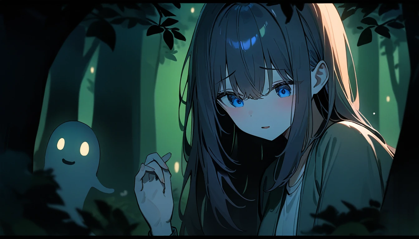 Late at night, in a dark forest, the ghost of a girl sneaks a peek behind a tree deep in the forest, high quality, high detail, 4k.8k

