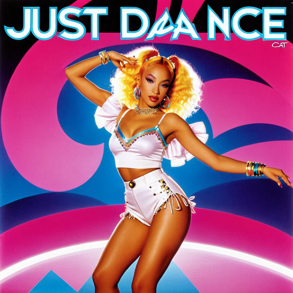 advertising poster, Promotional Photo of the single JUST DANCE by the artist called Doja Cat, album with a concept from the 80s, beautiful and fabulous album cover, with a lot of glamour, the cover is an innovation in the world of music, and very authentic