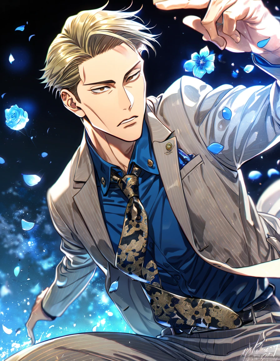 Ultra detailed, highres, absurdres, HDR, master piece, Nanami Kento, blond hair, expressive brown eyes, Jujutsu Kaisen, blue petals, blue shirt, sexy man, solo, best quality, blue flowers, blue shining fireflies, fantasy, magical, handsome, blue moon, gray jacket, necktie with black patterns, grey pants