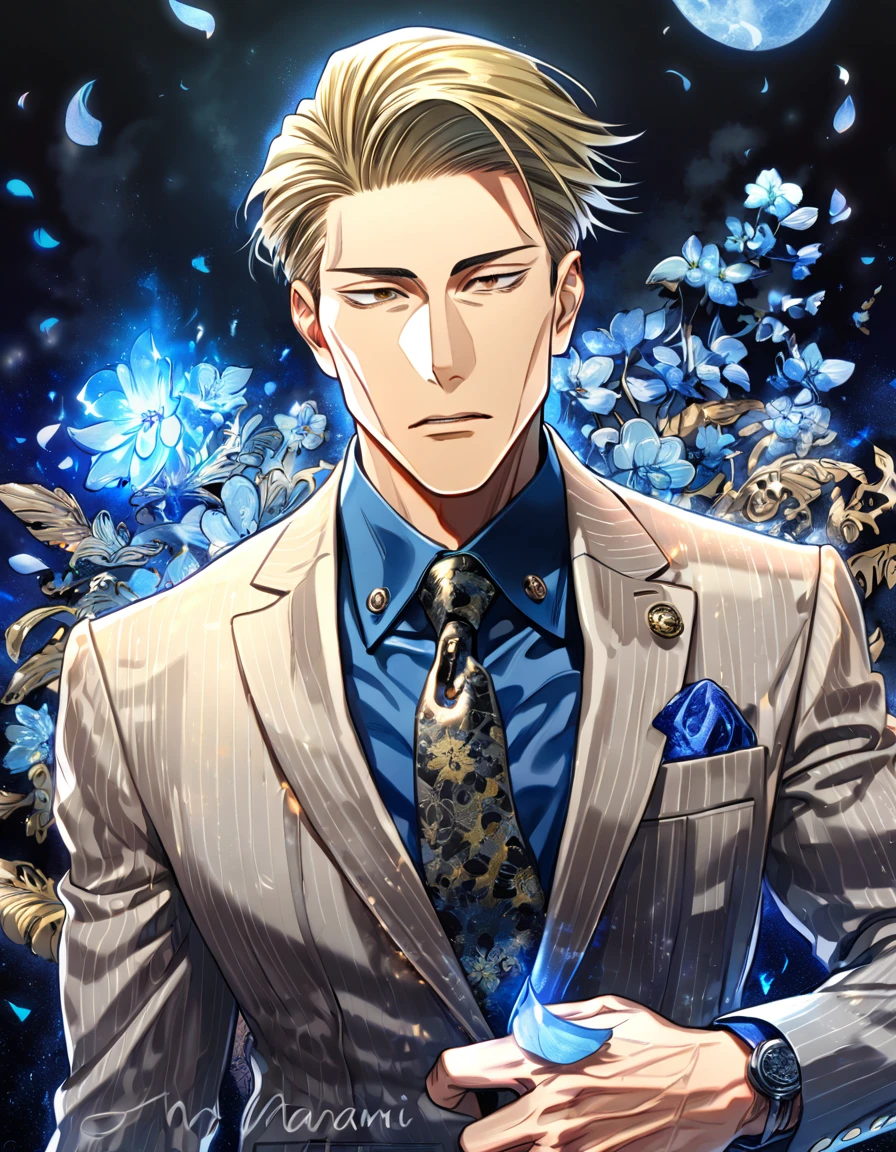 Ultra detailed, highres, absurdres, HDR, master piece, mi Kento, blond hair, expressive brown eyes, Jujutsu Kaisen, blue petals, blue shirt, sexy, solo, best quality, blue flowers, blue shining fireflies, fantasy, magical, handsome, blue moon, gray jacket, necktie with black patterns, grey pants