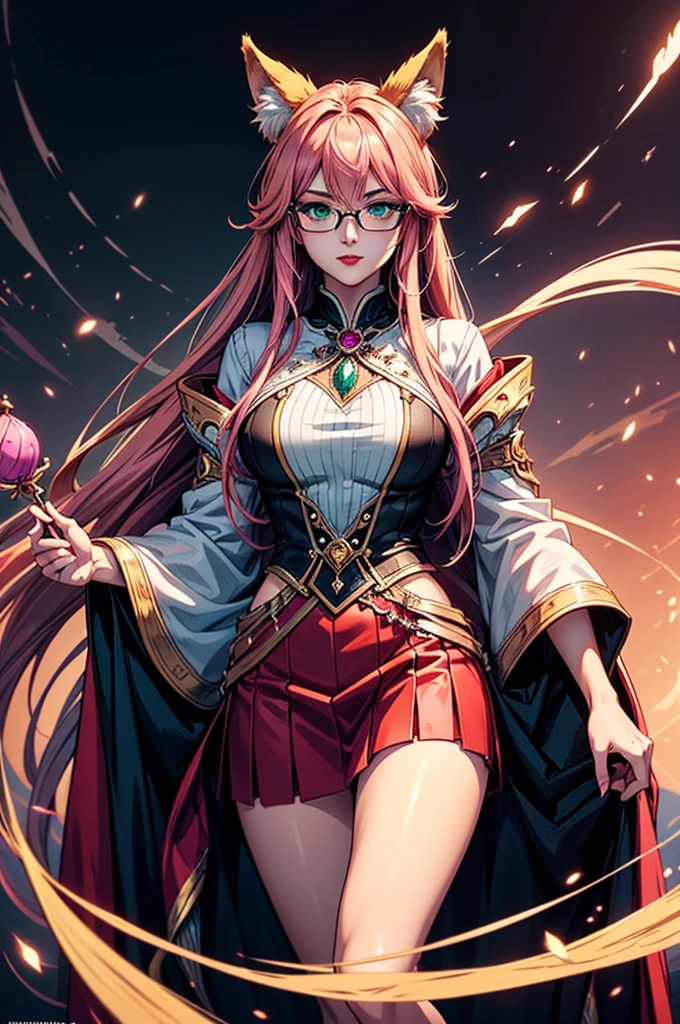 On the luxsurious sofa in seductive pose laying a female kitsune, she have red long hair with pink highlights, charming green eyes. tasty red lips, she dreessed in unbutten blouse, black short skirt high soking and snickers, also she wear glasses, she holding lollypop, she have four gorgeous magic fox tails, (ultra high quality fantasy art, magical fantasy style, masterpiece, ultra high quality character design, 8k quality anime art, realistic anime art, top quality wallpaper illustration, detailed ultra high quality accurate face, high quality design and accurate physic)