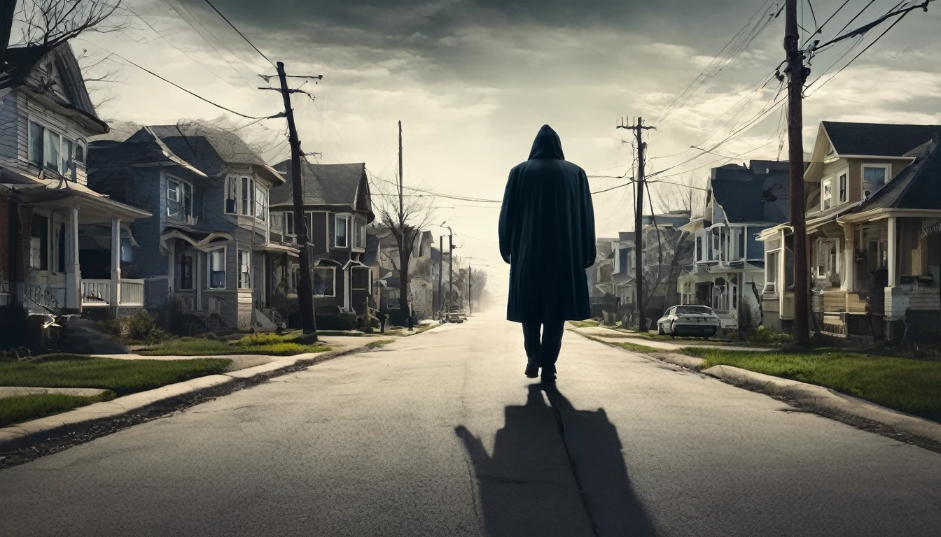 neighborhood, several houses, mysterious man walking on the sidewalk, sinister environment, fear