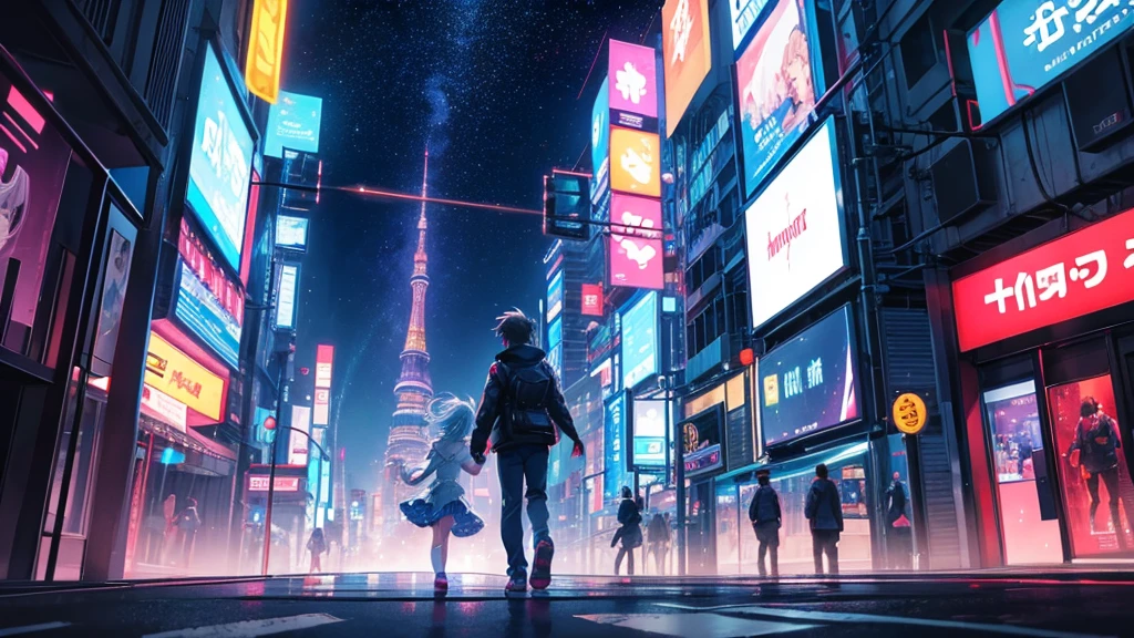 Anime characters (a boy and a girl) running through city streets at night, illuminated by vibrant neon lights. They are chasing their dreams with determined expressions, the cityscape behind them a symphony of colors and lights. The background is filled with the mystery of the urban night, with skyscrapers and bustling streets. Their hearts are on fire, symbolizing their passion and drive. The sky above them is dark but filled with stars, hinting at the eternal sky where they belong. The scene conveys a sense of adventure and endless possibilities, with the characters ready to touch the sky together. The atmosphere is vibrant and dynamic, with soft, natural lighting highlighting their journey. In the distance, the dawn begins to break, symbolizing a brand new day and the hope it brings.
