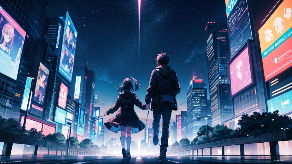 Anime characters (a boy and a girl) running through city streets at ht, illuminated by vibrant neon lights. They are chasing their dreams with determined expressions, the cityscape behind them a symphony of colors and lights. The background is filled with the mystery of the urban nig with skyscrapers and bustling streets. Their hearts are on fire, symbolizing their passion and drive. The sky above them is dark but filled with stars, hinting at the eternal sky where they belong. The scene conveys a sense of adventure and endless possibilities, with the characters ready to touch the sky together. The atmosphere is vibrant and dynamic, with soft, natural lighting highlighting their journey. In the distance, the dawn begins to break, symbolizing a brand new day and the hope it brings.