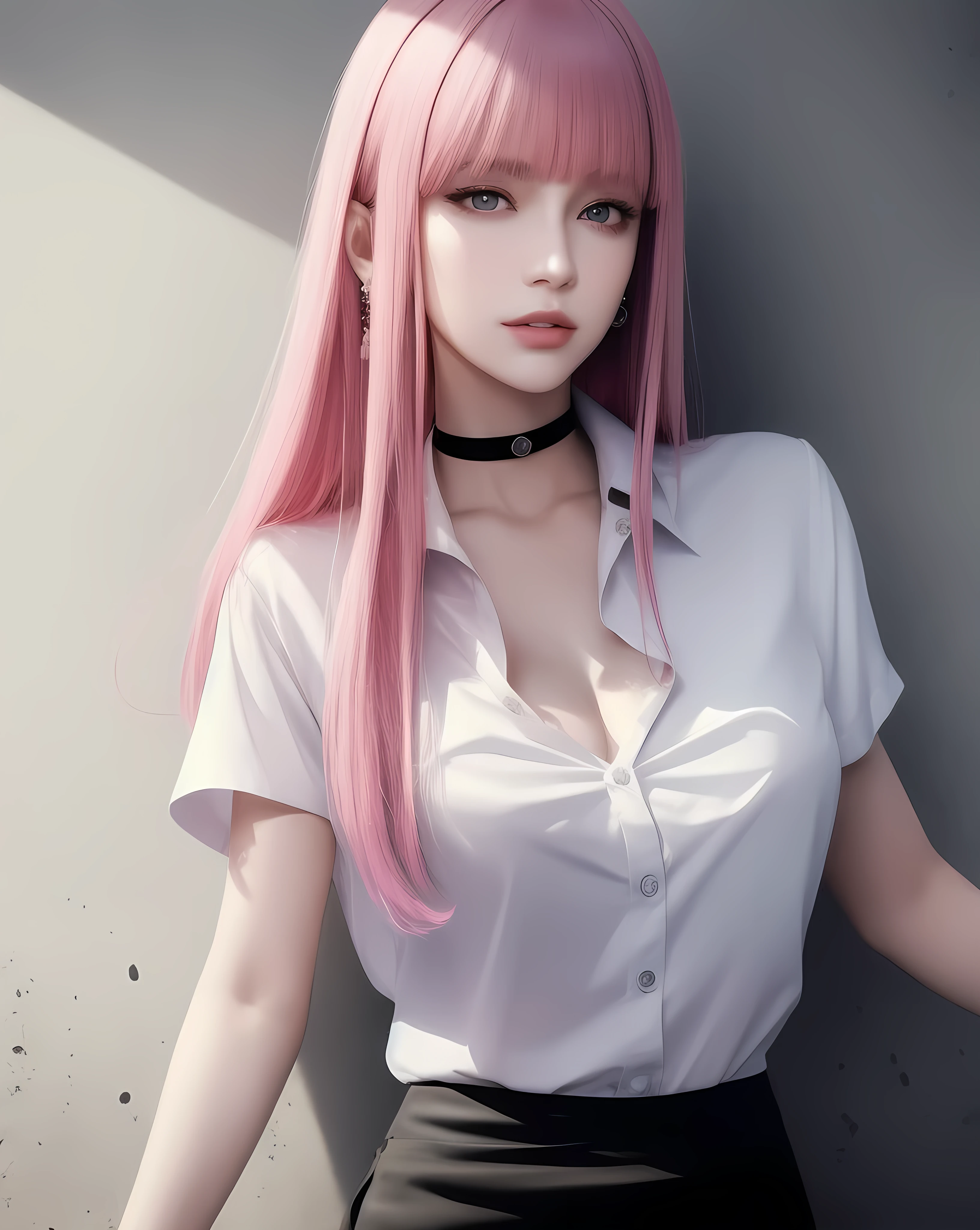 (masterpiece, best quality, 1girl, solo, intricate details, chromatic aberration), (realistic),(skin), ((breath)),(pink hair,blunt bangs),detailed hair, red head ornament, blue highlights, hair over one eye,purple eyes, earrings, sharp eyes, choker,((white shirt short sleeve)),((black pencil short skirt)),((symmetry eyes)),((perfect symmetrical body)),(pureerosface_v1:0.3), night,(((natural light))),backlighting,against grey wall, dim lighting ,look at viewer,((centered shot, from front,(face and waist))),