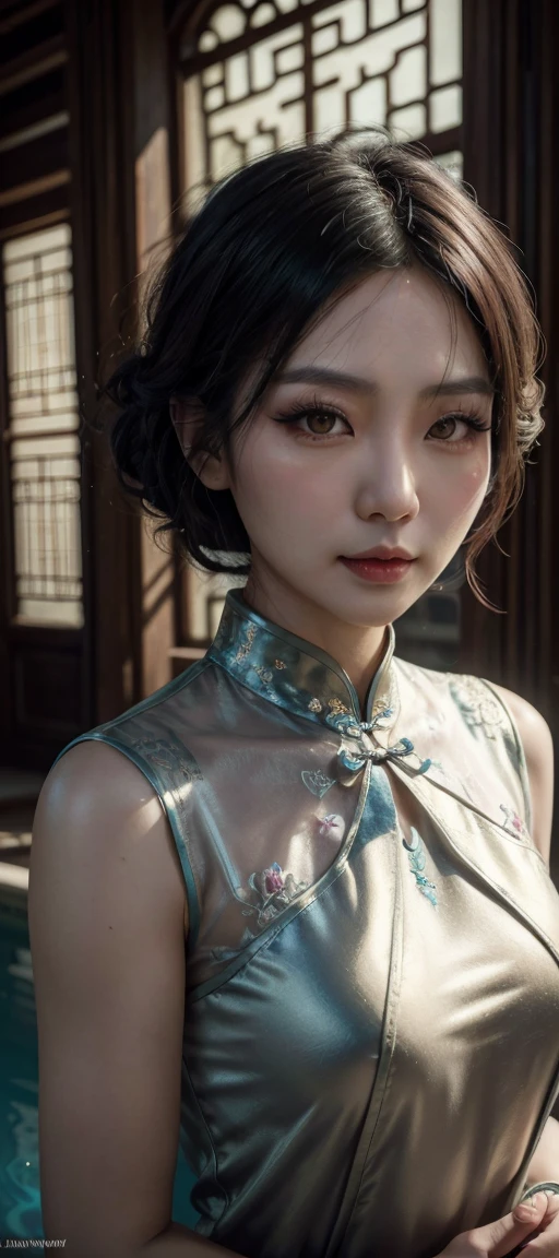 soft_Lumiere, (((soft Lumiereing, Masterpiece Portrait of Asian Gothic Beauty Wearing Cheongsam|比基尼))) standing in a small, cozy pool in the garden of an old Alhambra building, Inspired by Persia, colorful pillows, and carpets, by Greg Rutkowski dynamic Lumiereing hyperdetailed intricately detailed triadic colors Unreal Engine 5 volumetric Lumiereing with god's rays Alphonse Mucha WLOP Jordan Grimmer. soft shadows.