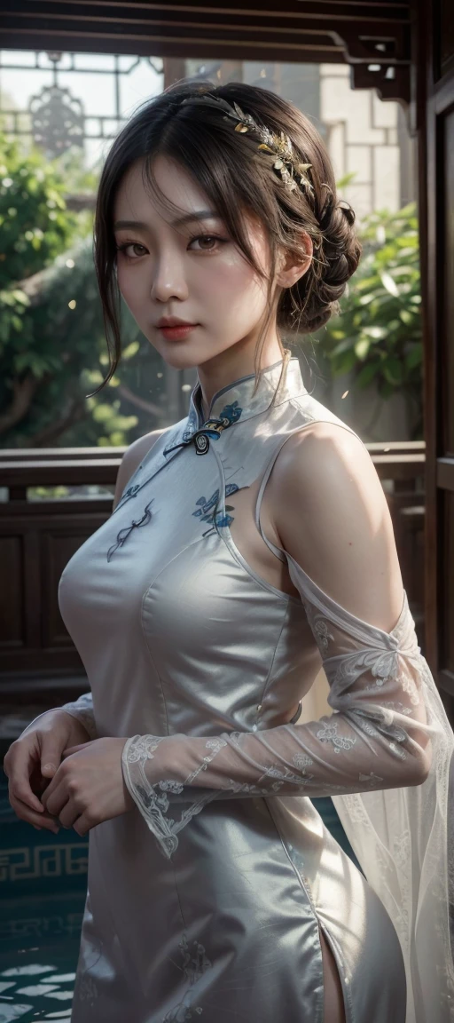 soft_Lumiere, (((soft Lumiereing, Masterpiece Portrait of Asian Gothic Beauty Wearing Cheongsam|比基尼))) standing in a small, cozy pool in the garden of an old Alhambra building, Inspired by Persia, colorful pillows, and carpets, by Greg Rutkowski dynamic Lumiereing hyperdetailed intricately detailed triadic colors Unreal Engine 5 volumetric Lumiereing with god's rays Alphonse Mucha WLOP Jordan Grimmer. soft shadows.