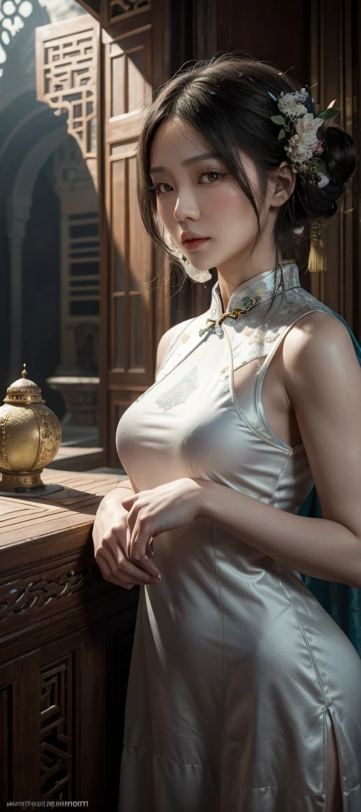 soft_Lumiere, (((soft Lumiereing, Masterpiece Portrait of Asian Gothic Beauty Wearing Cheongsam|比基尼))) standing in a small, cozy pool in the garden of an old Alhambra building, Inspired by Persia, colorful pillows, and carpets, by Greg Rutkowski dynamic Lumiereing hyperdetailed intricately detailed triadic colors Unreal Engine 5 volumetric Lumiereing with god's rays Alphonse Mucha WLOP Jordan Grimmer. soft shadows.