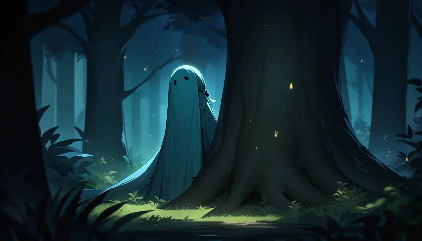 Late at night, in a dark forest, the ghost of a girl sneaks a peek behind a tree deep in the forest, high quality, high detail, 4k.8k