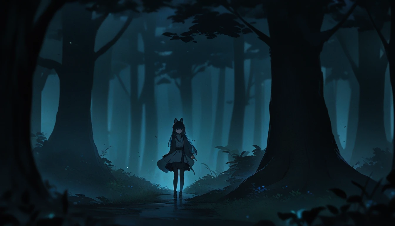 Late at night, in a dark forest, the ghost of a girl sneaks a peek behind a tree deep in the forest, high quality, high detail, 4k.8k