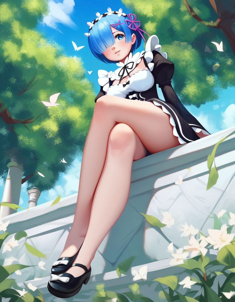 score_9, score_8_up, score_7_up, (masterpiece, best quality, very aesthetic, ultra detailed, source anime, anime, intricate details), rem_\(re:zero\)
blue_eyes,hair_over_one_eye,short_hair,blue_hair,hair_ribbon,roswaal_mansion_maid_uniform, 1girl, solo, sitting, crossed legs, from below