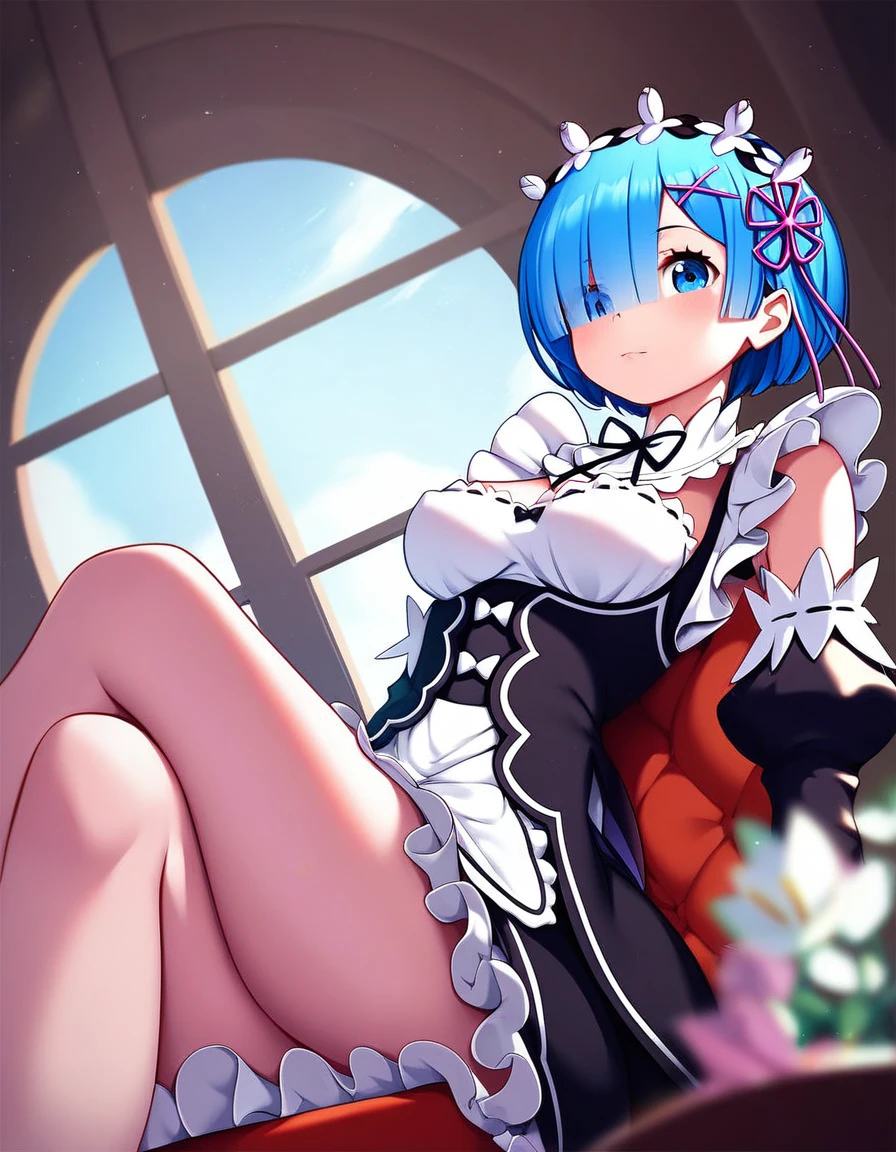 score_9, score_8_up, score_7_up,  (masterpiece, best quality, very aesthetic, ultra detailed, source anime, anime, intricate details), rem_\(re:zero\)
blue_eyes,hair_over_one_eye,short_hair,blue_hair,hair_ribbon,roswaal_mansion_maid_uniform, 1girl, solo, sitting, crossed legs, from below