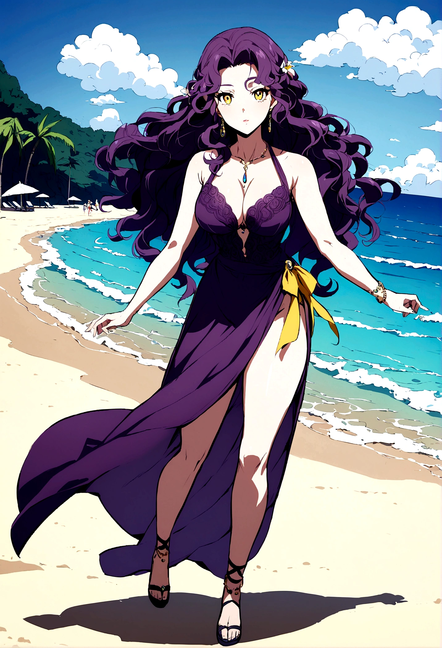 extremely beautiful,full body,anime style woman, ((extremely beautiful)), ((dark purple wavy hair)),yellow eyes,wearing beachwear on a beach 