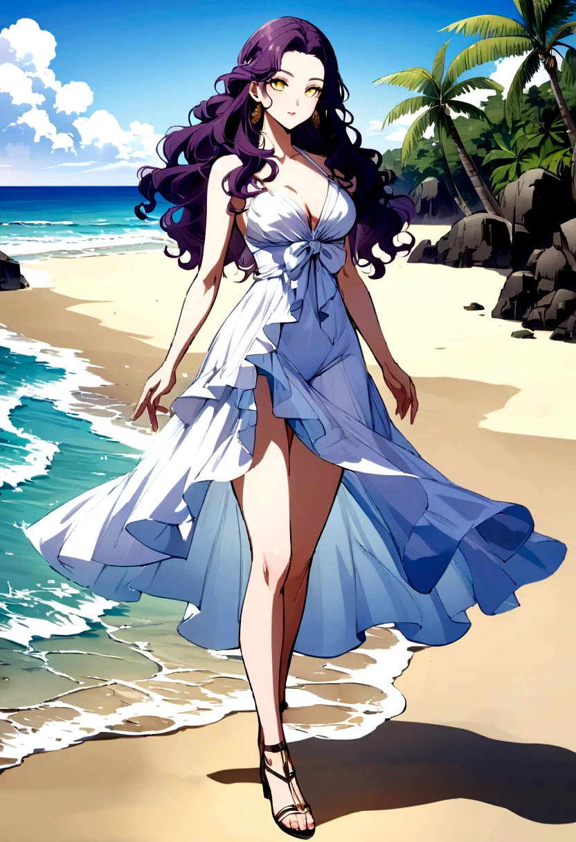 extremely beautiful,full body,anime style woman, ((extremely beautiful)), ((dark purple wavy hair)),yellow eyes,wearing beachwear on a beach