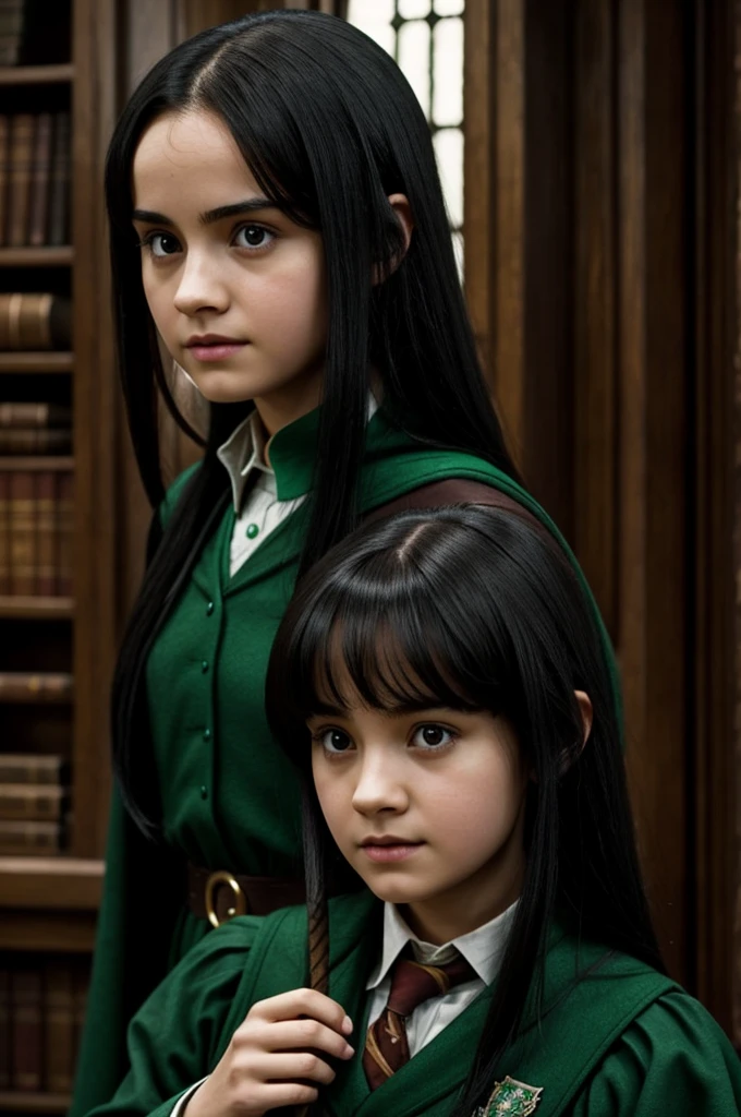 World of Harry Potter,a black haired girl from Slytherin house 