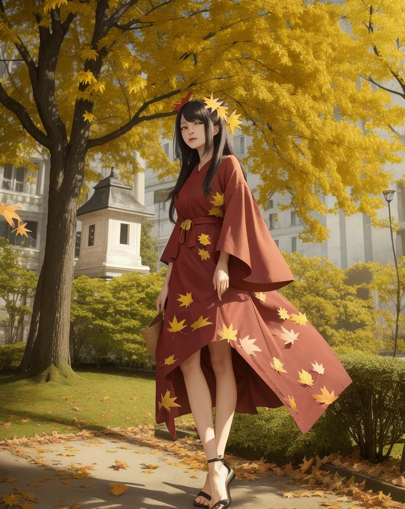 1girl, against_tree, aki_shizuha, anger_vein, autumn, autumn_leaves, bangs, bare_tree, blue_eyes, blunt_bangs, branch, night, dress, falling_leaves, forest, ginkgo_leaf, holding_leaf, lake, leaf, leaf_background, leaf_hair_ornament, leaf_on_head, leaf_print, lips, long_hair, looking_at_viewer, maple_leaf, nature, outdoors, solo, standing, stone_lantern, tree, under_tree, black hair, sensei