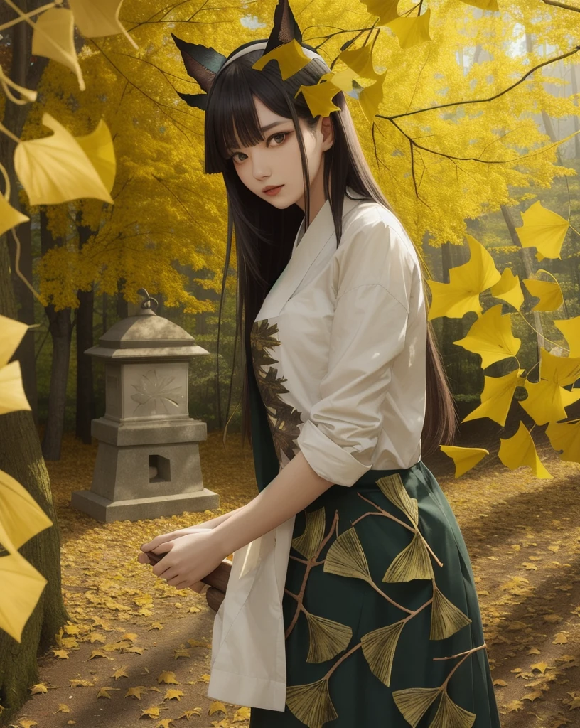 1girl, against_tree, aki_shizuha, anger_vein, autumn, autumn_leaves, bangs, bare_tree, blue_eyes, blunt_bangs, branch, night, dress, falling_leaves, forest, ginkgo_leaf, holding_leaf, lake, leaf, leaf_background, leaf_hair_ornament, leaf_on_head, leaf_print, lips, long_hair, looking_at_viewer, maple_leaf, nature, outdoors, solo, standing, stone_lantern, tree, under_tree, black hair, sensei 