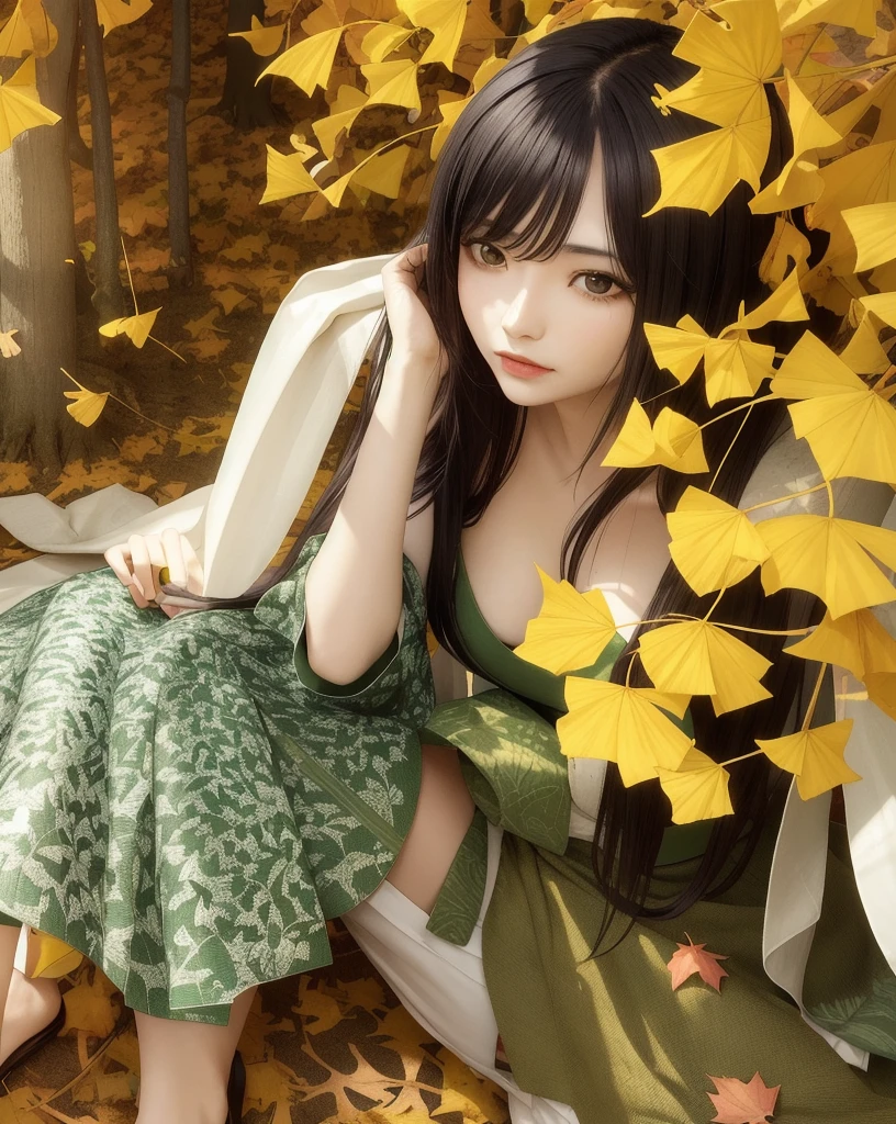 1girl, against_tree, aki_shizuha, anger_vein, autumn, autumn_leaves, bangs, bare_tree, blue_eyes, blunt_bangs, branch, night, dress, falling_leaves, forest, ginkgo_leaf, holding_leaf, lake, leaf, leaf_background, leaf_hair_ornament, leaf_on_head, leaf_print, lips, long_hair, looking_at_viewer, maple_leaf, nature, outdoors, solo, standing, stone_lantern, tree, under_tree, black hair, sensei