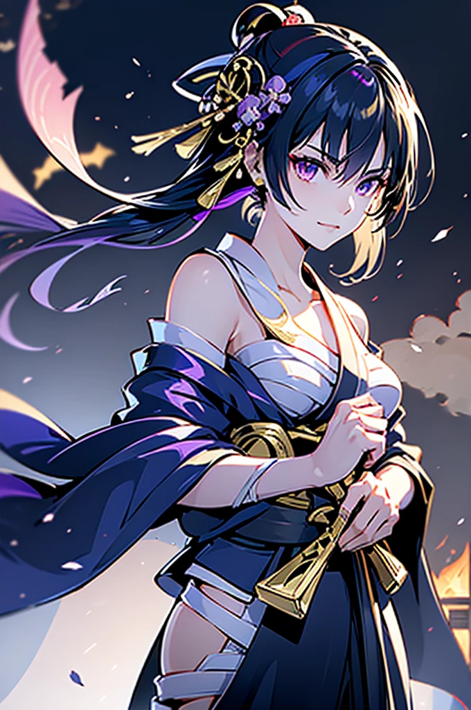 ((roll up bandage sideways on a chest tightly to cover the chest without gaps)), Japanese Gangster BOSS, adult woman with the dignified presence, Killing Qi, wear the kimono from the waist down, ((kimono come off)) ,wear the kimono multiple times, Bare shoulders and the clavicle, black and gold kimono, put on over jacket of kimono, holding a japanese sword which shine in purple, long sword, eye fire, low angle, whole body, bandage is seen, anime character, Glaring, off sholder, nappropriate smile, Excellent, black blue hair, can see both shoulder, long hem, Breasts are small