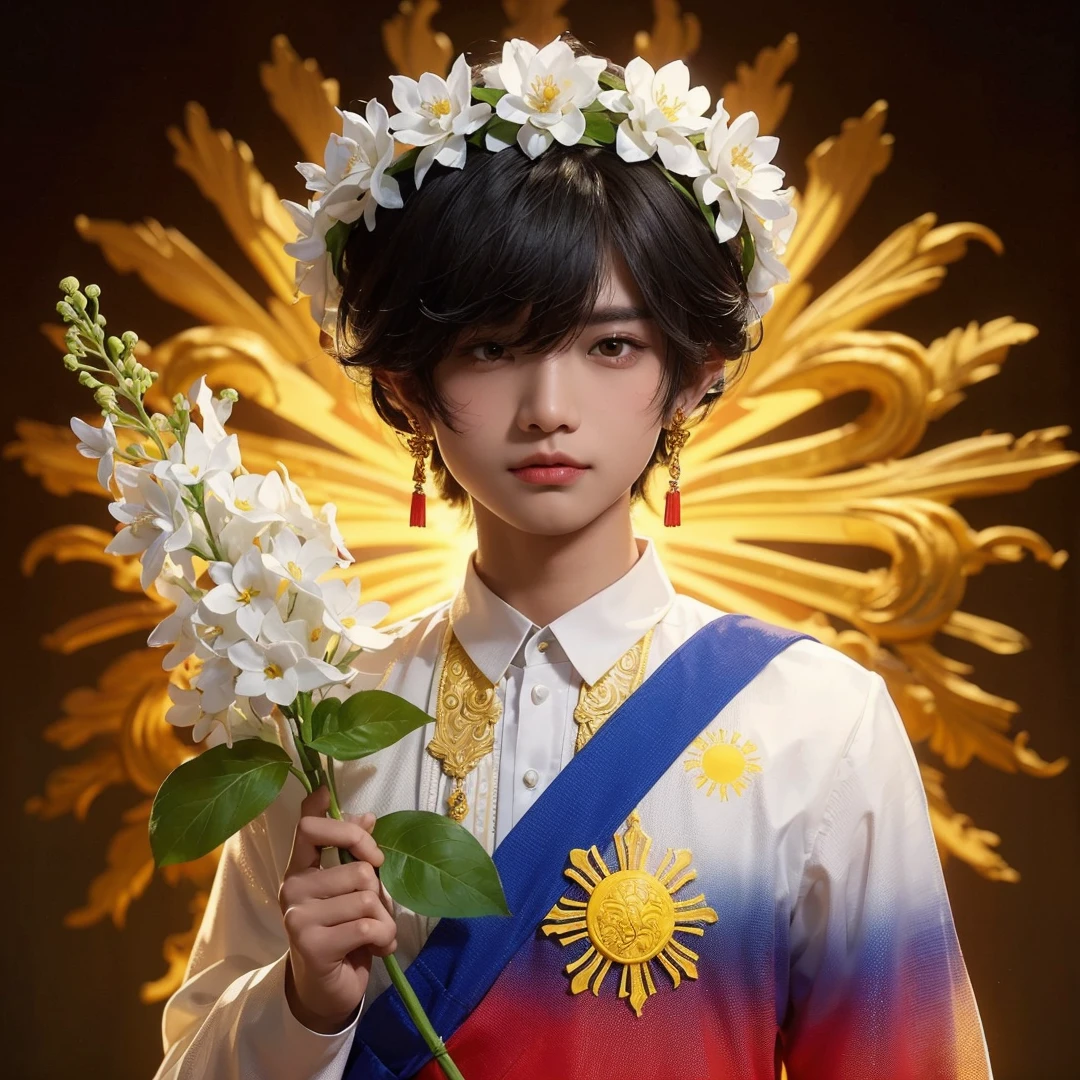 Handsome boy, black hair, brown eyes, white jasmine flower crown, (wearing white barong tagalog with red and blue color and yellow sun), holding white jasmine