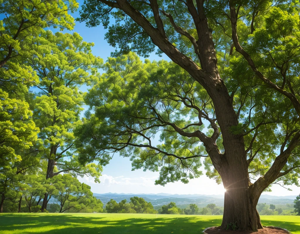 A bright and beautiful tree fills most of the picture. The tree has a very thick trunk, a light brown color, very clean, and part of it comes out of the ground covered with fine grass, a little to the left of the center of the picture. As thick as the trunk with the same elements that rises upwards in a slightly curved line to the left, the tree itself continues a little more to the right until it gently curves upwards and continues in a straight line slightly inclined to the right. A gentle sun that sends rays of light to the tree at the top of the tree grows from it like a full roof that ends in an almost straight line of beautiful branches and leaves in a very light green color