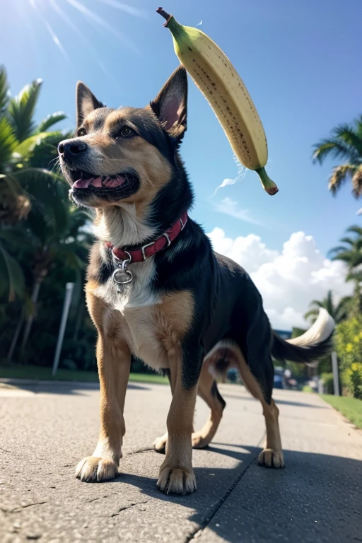 dog seeing a banana flying
