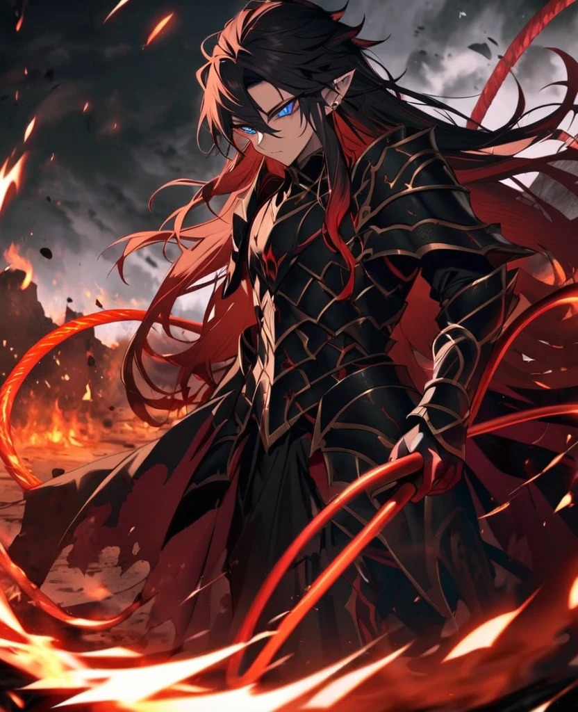 Male,5'4,pierced pointy ears,light skin,orange and blue eyes, white and red ombre long hair half up half down,black and white armour,fire and water whip ,dark magic,on a battlefield with darkness in his eyes as a dark magic aura surrounds him as his armour shatters with demonic side taking over