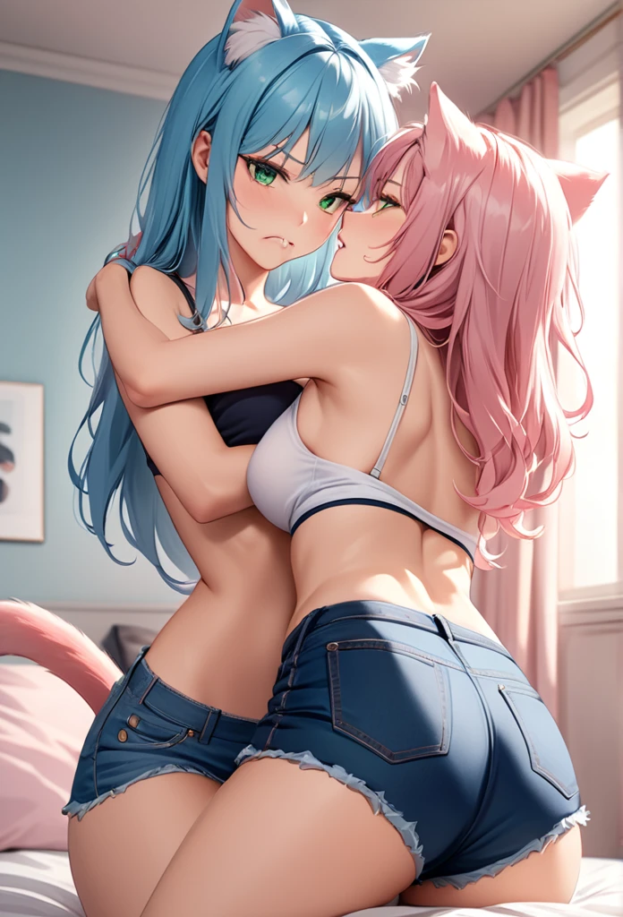 Sexy Posing, Female, 30 years old, cute, eyeliner, long hair, biting lip smile, tube top, jean shorts, bedroom eyes, catgirl, cat ears, bedroom background, 8k, hi res, (best quality, masterpiece), green eyes, cat tail, Duo, twins , angry, 1 light blue hair, 1 light pink hair, lying down on bed pushing each other, fighting