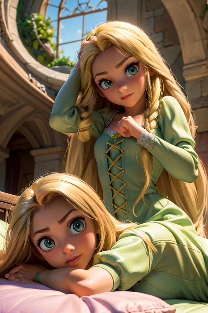 Rapunzel, Castle setting, natural lighting, solo, athletic body, long blonde hair, sun shining in window, wearing tight green dress, seductive gaze, laying in bed, hands by head,