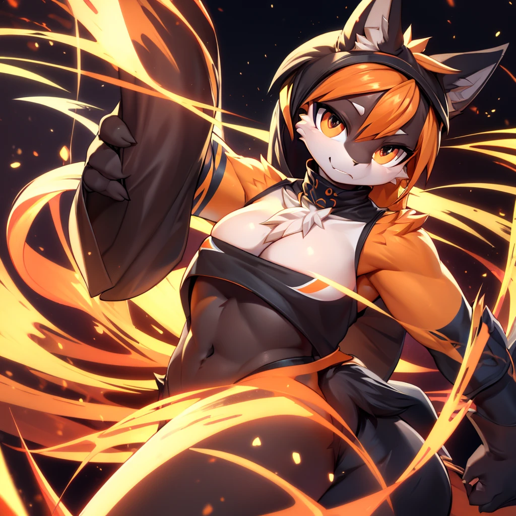 red fox, bright black and orange fur, long black and orange hair, penteado rabo de cavalo, stripped skin, blemished skin, Very good figure, bright tone, warm color, colorfully, work of art, super detaill, high qualiy, best qualityer, high resolution, tribal, beautiful and bright eyes, alone, with ninja outfit