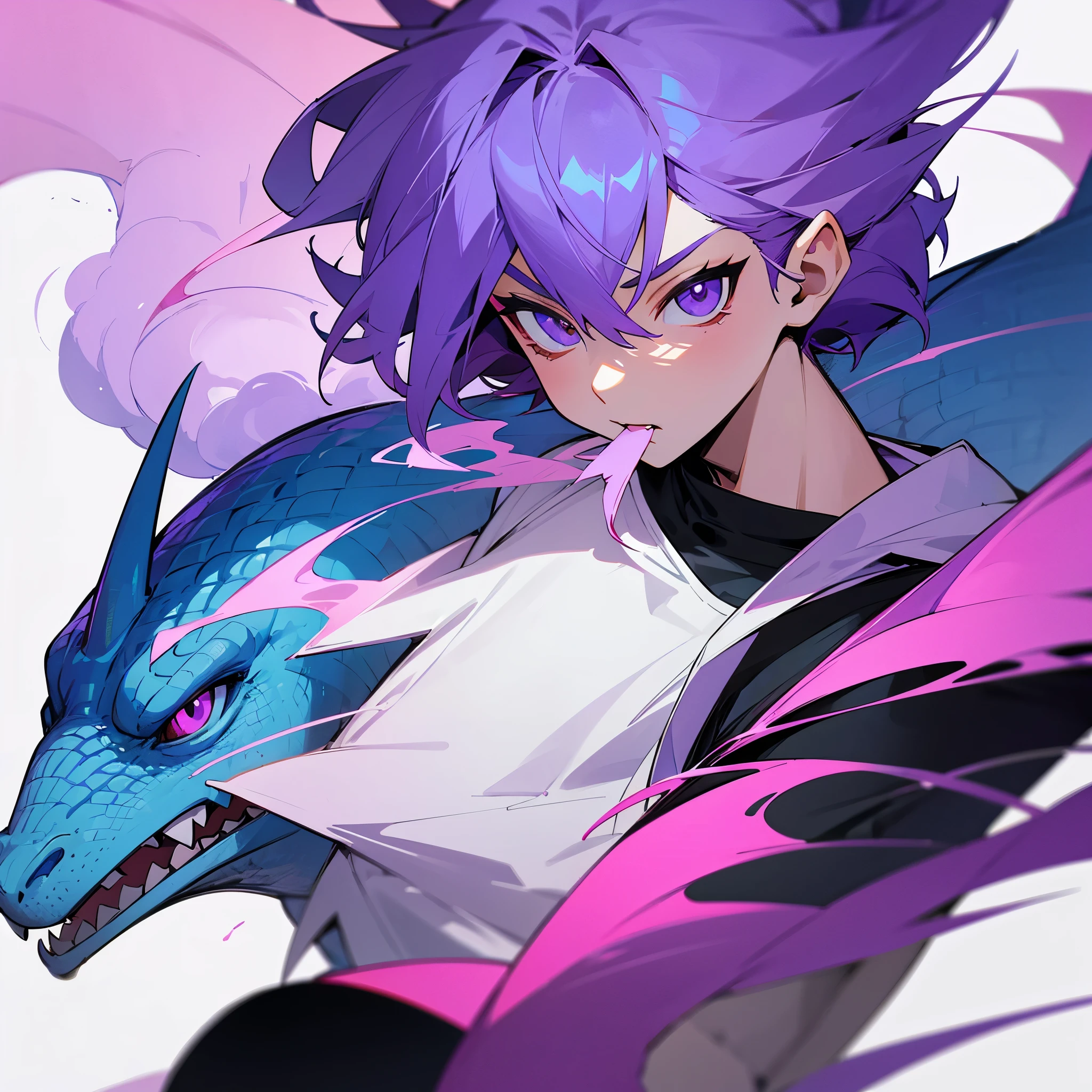 vector T-shirt design, modern graphics design, purple tones, white background, featuring a charming baby dragon with smoke out of his mouth