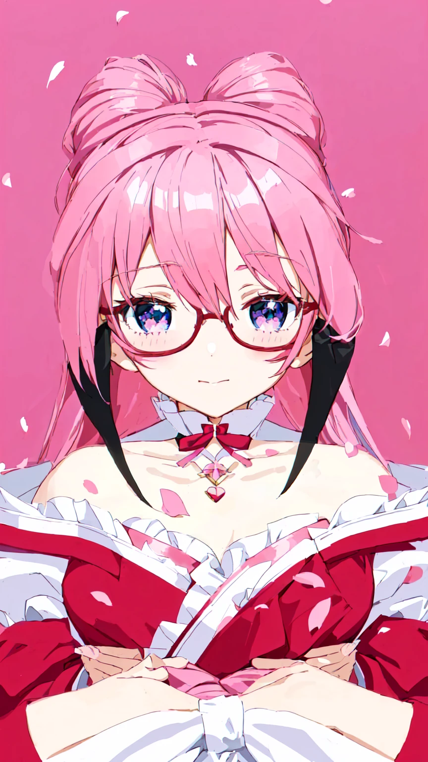 anime girl with pink hair and glasses in a red dress, anime moe artstyle, pink twintail hair and cyan eyes, my dress up darling anime, , made with anime painter studio, 8k!!, sakura petals around her, anime styled 3d, sakura kinomoto, gapmoe yandere, stylized anime, anime stylized