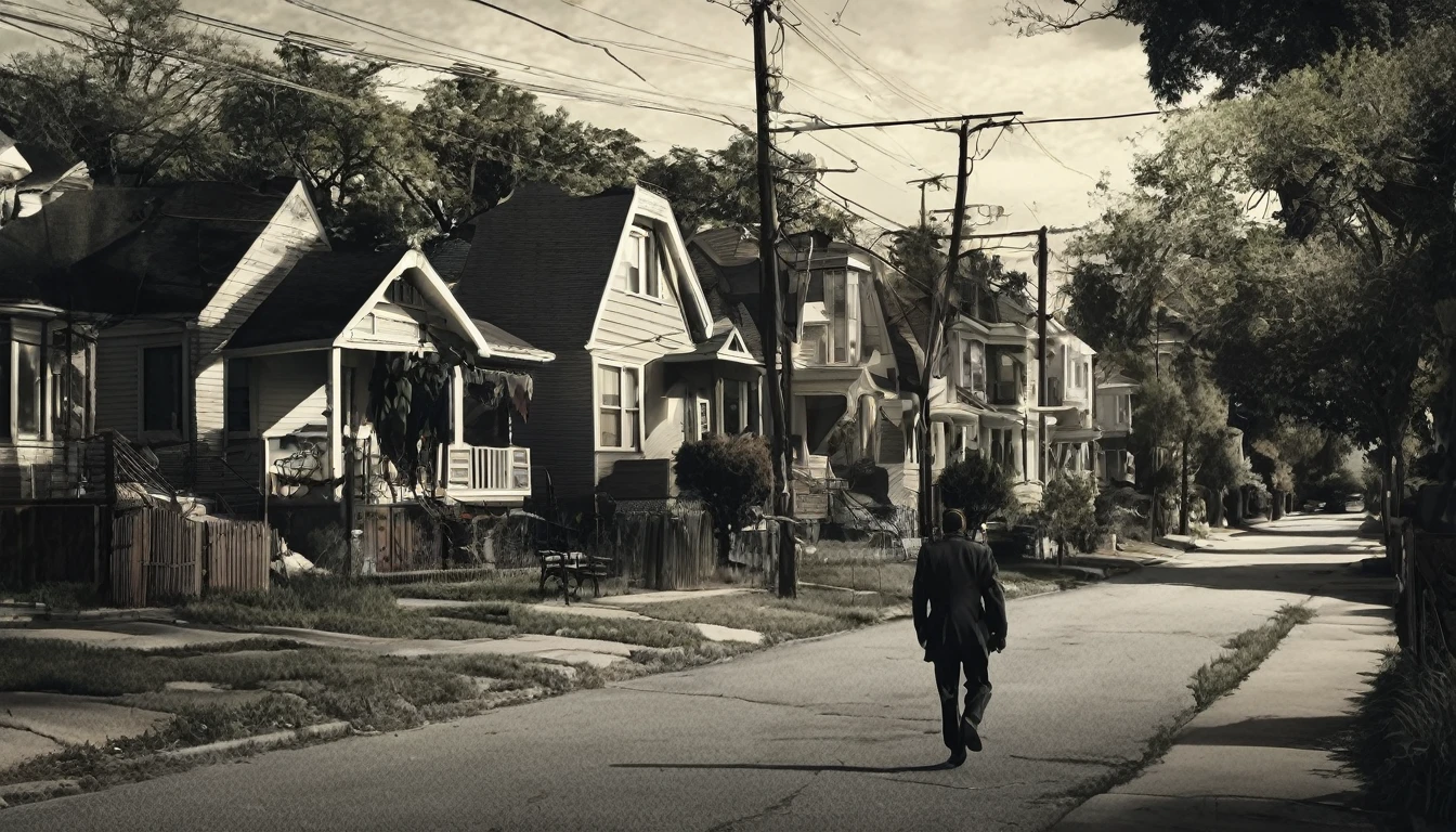 neighborhood, several houses, mysterious man walking on the sidewalk, sinister environment, fear