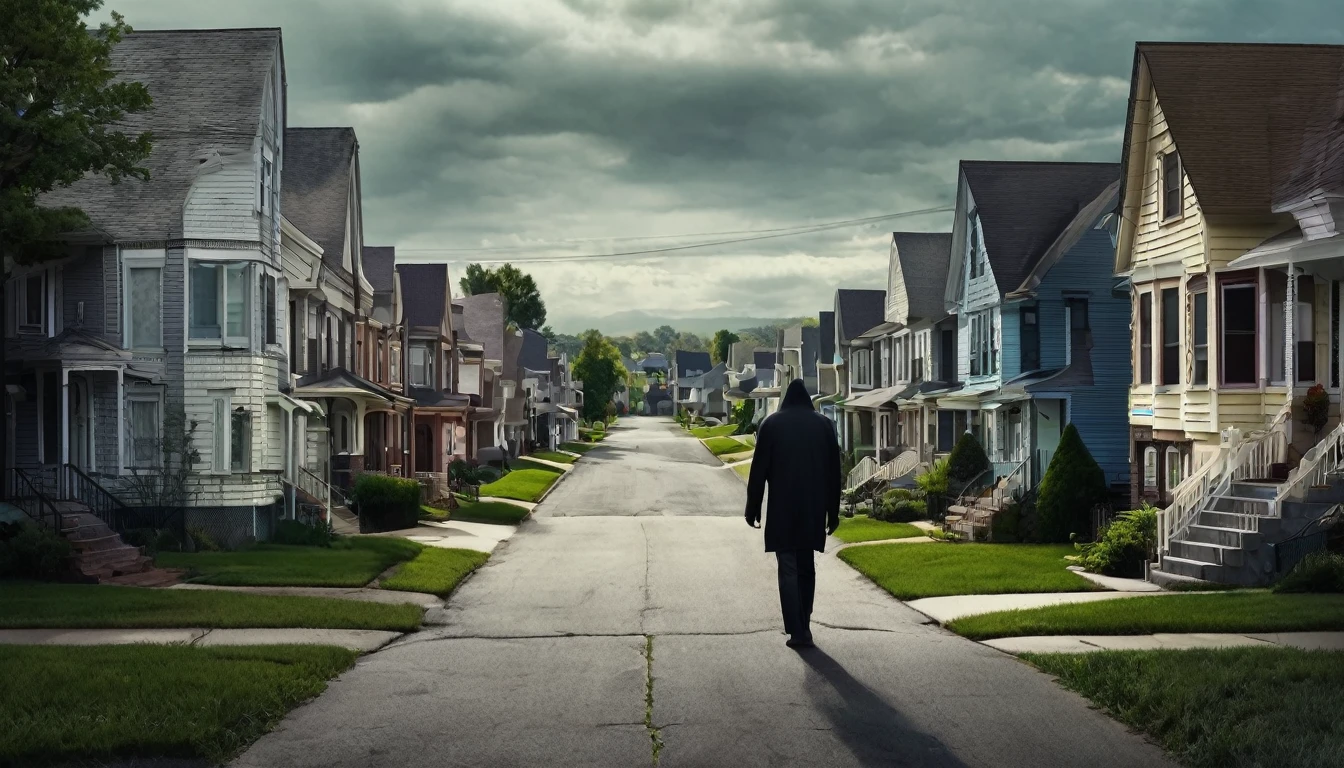 neighborhood, several houses, mysterious man walking on the sidewalk, sinister environment, fear