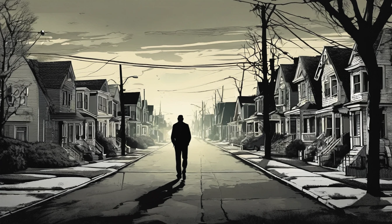 neighborhood, several houses, mysterious man walking on the sidewalk, sinister environment, fear