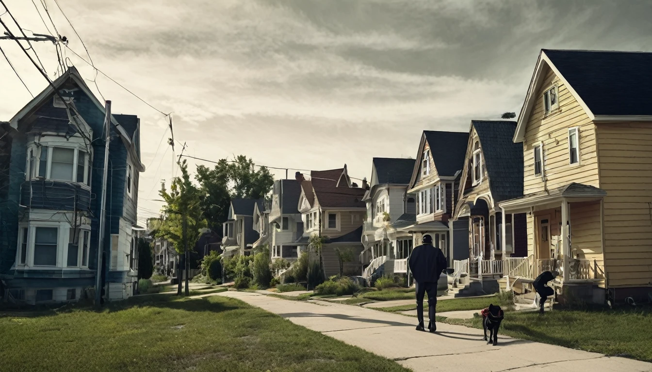 neighborhood, several houses, mysterious man walking on the sidewalk, sinister environment, fear