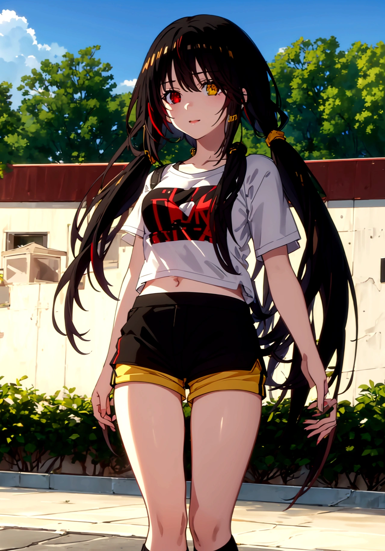 ultra-detailed,highly detailed,best quality,masterpiece,illustration
1girl, ((tokisaki kurumi)), cosplay, hair over one eye, (right red eye, left yellow eye), looking at viewer, happy girl, low twintails, ((t-shirts)), (((black hotpants))), hair rings, loafers,
(Outdoors) , walking, beach