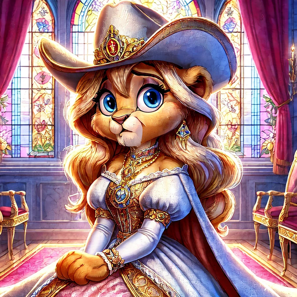 Anastasia Judy Minnie the royal lion cub princess in the royal coronation hall with stained glass windows, wearing a royal cowgirl suit with puffy sleeves, detailed with the royal seal, a long flowing cape, and a renaissance hat with a long feather, Disney cartoon illustration style, looking nervous with a royal pendant around her neck, with the gown falling down looking sexy and cute